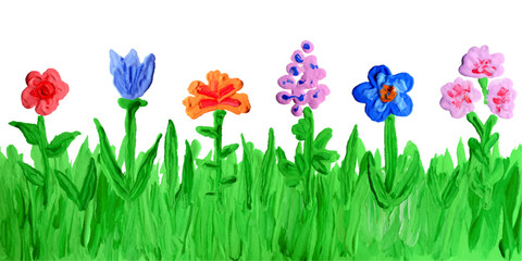 Like kids hand painting acrylic, oil, gouache colorful flower set. Blooming spring summer meadow grass plant. Doodle artistic kid style background, banner, border, brush stroke vector impasto texture