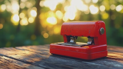 Red vintage hole puncher on wooden table outdoors