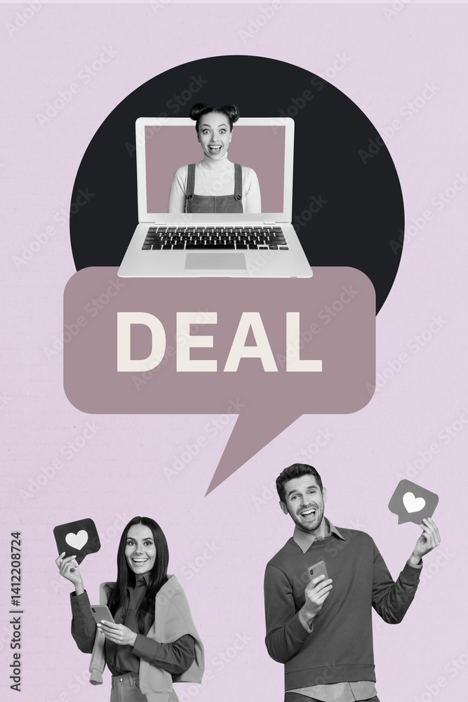 Poster pop abstract collage of people in digital gadget display speaking deal on pink color background