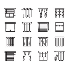 Window curtain icon collection. Line style vector, contains various shapes of window curtains.