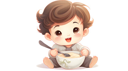Adorable infant girl eating porridge from a bowl with a spoon in a highchair