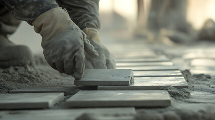 Masonry worker carefully laying stone tiles for pavement. Precision and durability