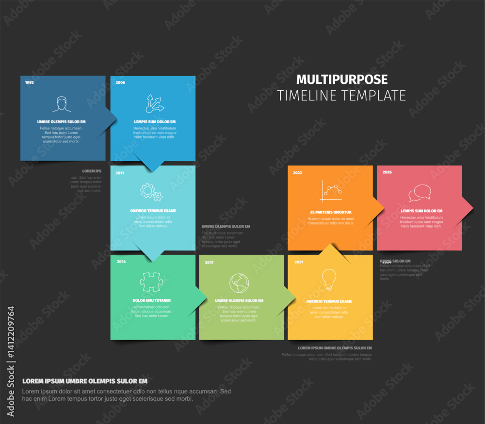 Poster colorful multipurpose timeline template made from color square content blocks. simple eight steps ti