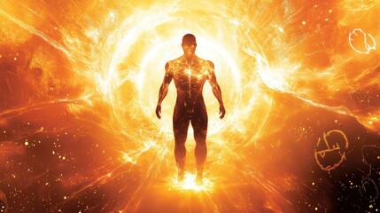 Obraz premium Ascension: A Human Silhouette Embraces Fiery Cosmic Energy