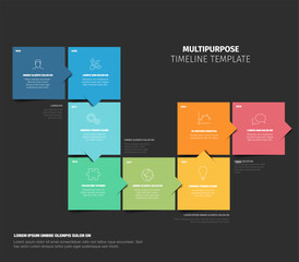 Colorful Multipurpose Timeline Template made from color square content blocks. Simple eight steps time line infogrchart template made from color blocks and sample content on dark background