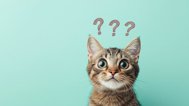 Cute confused cat with big eyes and question marks above its head, minimalistic pastel background
