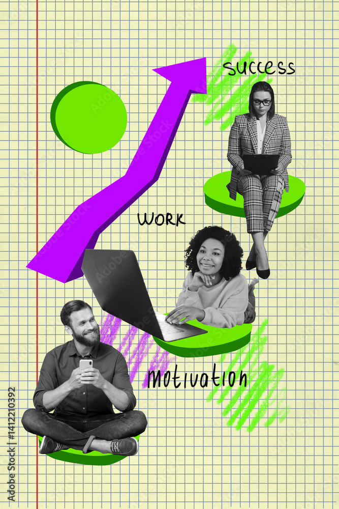 Aufkleber creative collage of team partners sit use gadget for collaboration on green color background