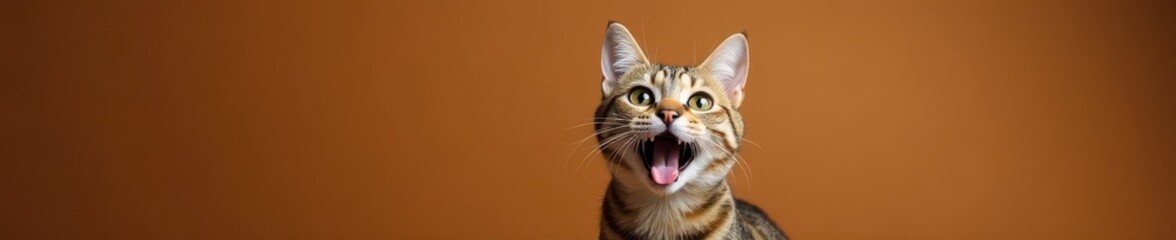 Obraz premium Silly tabby cat with tongue out, brown backdrop, copy space available, funny cat, tabby cat, pet photography