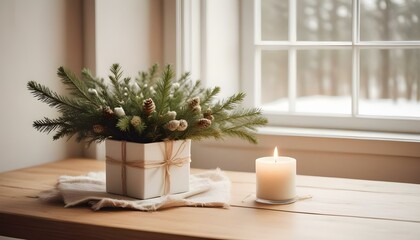 White square frame mockup with a bouquet of fir, candle and a gift on a white table. Christmas decoration.