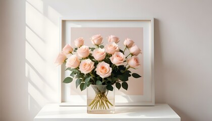 White square frame mockup with a hortensia in a pot on a white table.