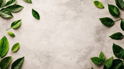 Naklejka premium Fresh green leaves scattered artistically on a neutral background create a calming and serene atmosphere, ideal for nature-themed projects and designs.