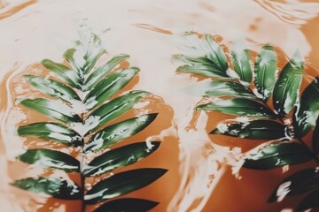 Obraz premium Green leaves floating on tranquil water surface with soft reflections