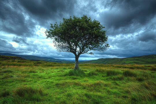 Lonely tree standing on grassy hilltop under dramatic sky in peaceful countryside