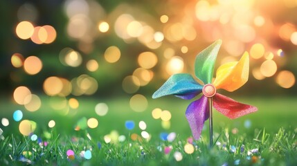 A rainbow pinwheel spins in a sunlit field with floating confetti, celebrating joy and childhood wonder on International Children's Day.
