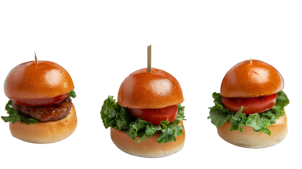 Mini burger sliders with lettuce and tomato, realistic bun texture and meat detail, white background