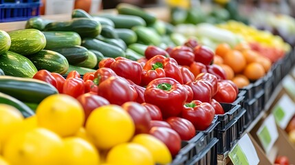 Fresh vegetables and fruits are displayed on shelves in a grocery store.