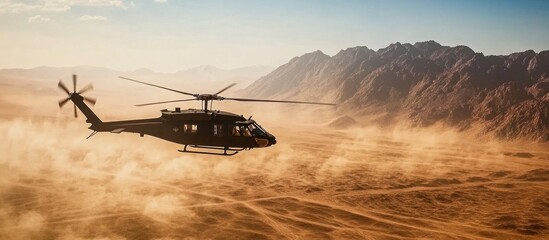 Fototapeta premium Desert Helicopter Flight: A Dusty Aerial View