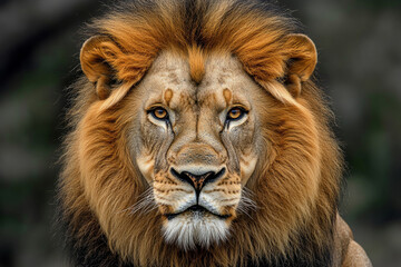 Naklejka premium Majestic male lion with thick mane staring intensely in the wild