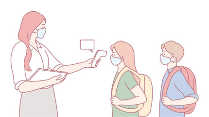 A school scene showing a health check with masked students and staff, promoting safety and wellbeing