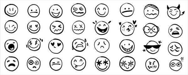 Smile doodle emoji faces in hand drawn vector doodle sketchy style. Happy, sad, crying emotional scribbles, comic elements for business design.