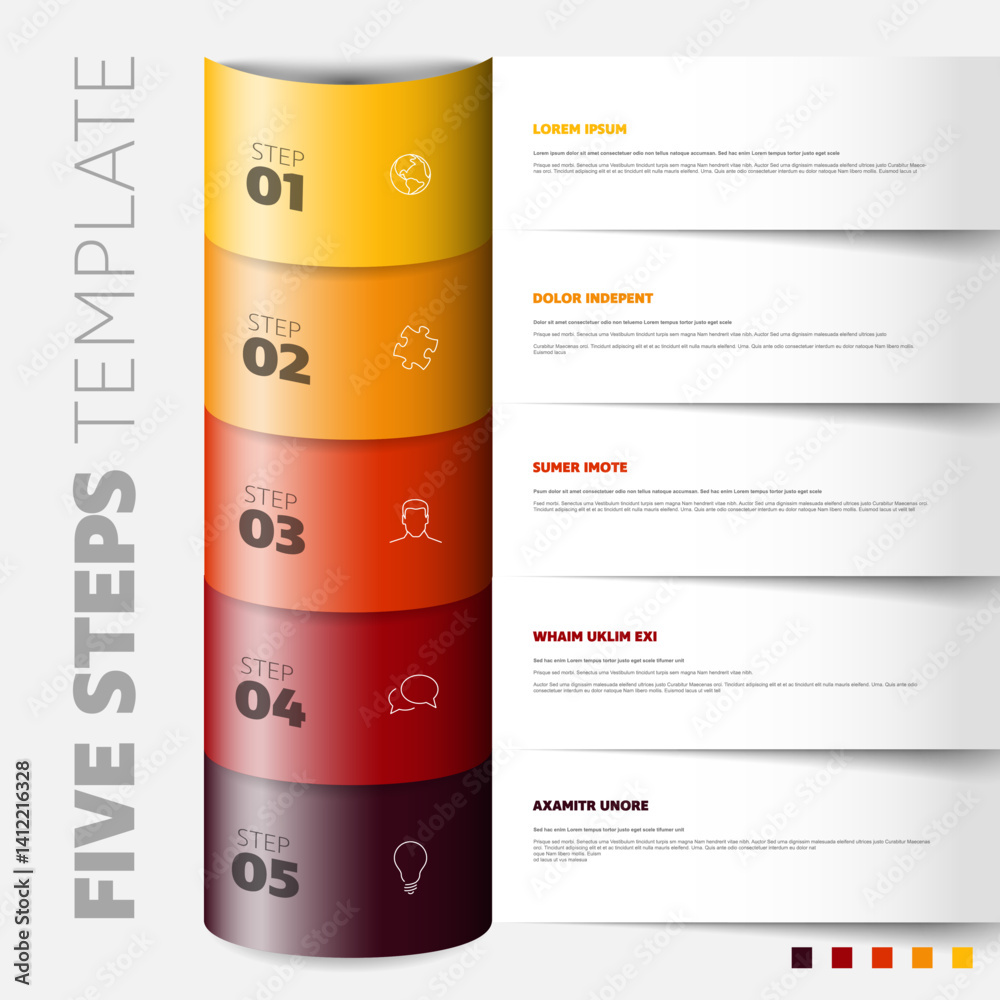 Poster a vibrant five-step infographic template with gradient colors. each step is highlighted with a uniqu