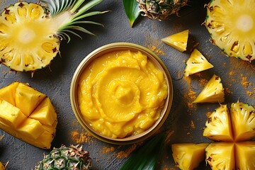 A refreshing pineapple face mask, with a vibrant yellow color, packed with enzymes to exfoliate and brighten the skin, leaving it feeling rejuvenated