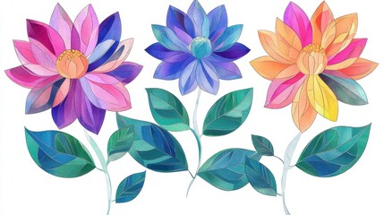 Fototapeta premium Stained glass chrysanthemum with green leaves, soft purple hues, clean white background, 8k clipart format 