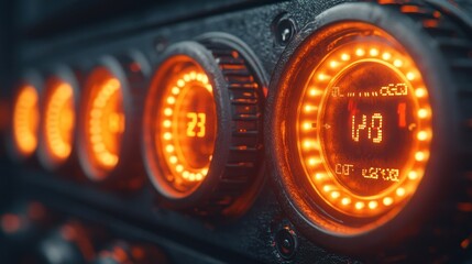 Futuristic vehicle dashboard with glowing orange displays.  Close-up view of multiple circular gauges and controls