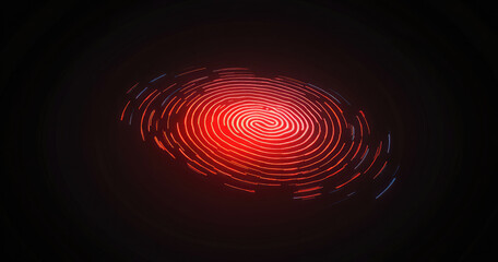 image of data processing over biometric fingerprint on dark background