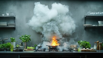 Kitchen fire, exploding smoke