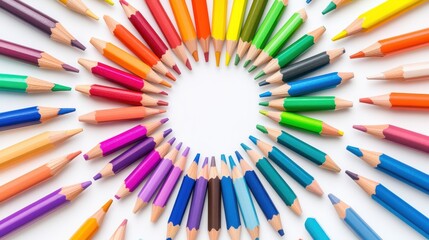 Top-down view of colored pencils forming a radial color wheel, surrounded by sketch tools on white background 
