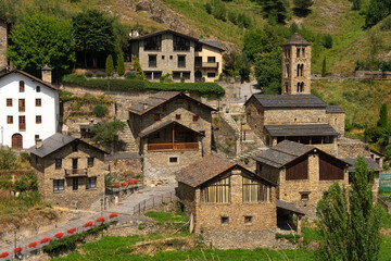 Panoramic view of the famous beautiful village of Pal in Andorra in a sunny day with the romanesque...