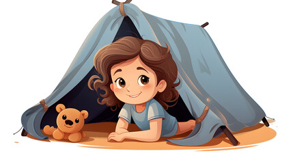 Adorable Cartoon Vector of Little Girl Playing Inside Small Tent