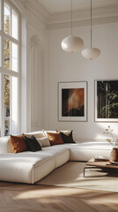Elegant living room with cream sectional sofa, orange and brown cushions, white pendant lights, tall windows and modern framed artwork