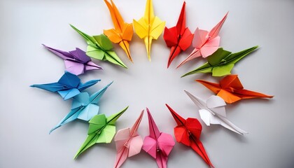 Colorful origami paper cranes in a circular arrangement