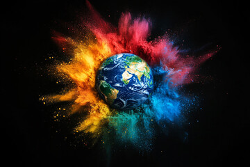 Earth surrounded by a vibrant colorful explosion of powder a cosmic art piece