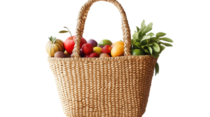 Summer woven tote bag with fruit peeking out, highly detailed, isolated PNG with white background