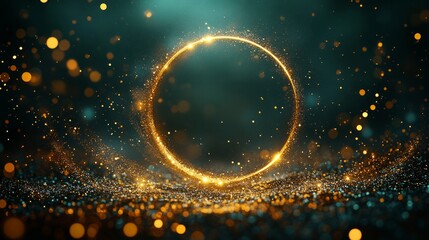 yellow circle green gradient background adorned with gold confetti and sparkling dots. 
