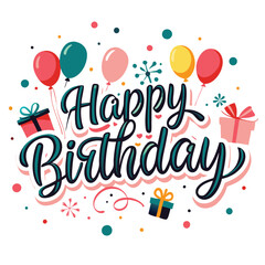 Happy Birthday greeting card with colorful balloons, gifts, and confetti