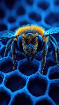 Una abeja obrera construyendo su celda hexagonal del panal, visto con una luz azul que ti&ntilde;e toda la imagen y destaca el color amarillo de su dorso, primer plano, plano vertical