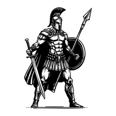 Fototapeta premium Spartan warrior engraving black and white outline. Scratch board imitation. illustrated in vintage line art style on a white background.