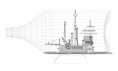A ship is shown with a bottle on the side. The ship is a large boat with a lot of detail. The bottle is on the side of the ship and is not the main focus of the image
