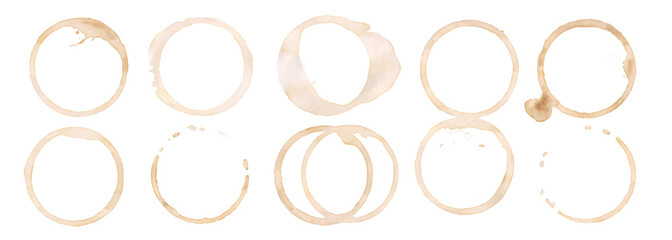 Coffee or tea stain drink cup rings vector illustration set isolated on white background. Coffee stain marks ring cup spot trace. Brown round splashes of drink collection.