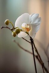 White orchid flower with buds on a thin stem against blurred background.