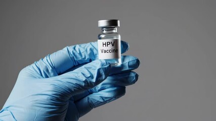 Doctor showing hpv vaccine vial against grey background
