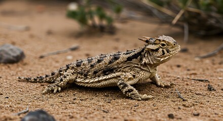 Naklejka premium Horned Lizard on Desert Sand with Detailed Skin and Spines