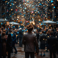 A man in a suit stands amidst a crowd, surrounded by colorful lights and bubbles, creating a festive and dreamy atmosphere.