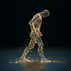 A glowing, wireframe figure walks through darkness, symbolizing motion and digital art, blending technology with human form.