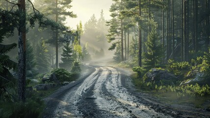 Obraz premium A serene gravel track winds through a lush forest, enveloped in morning mist. This tranquil scene captures the beauty of nature, inviting exploration.