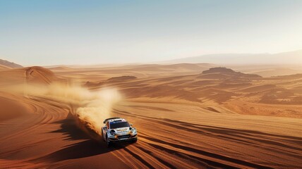 Fototapeta premium A thrilling scene of a rally car navigating a sandy desert track at sunset, creating a dramatic display of dust and speed against a stunning landscape.